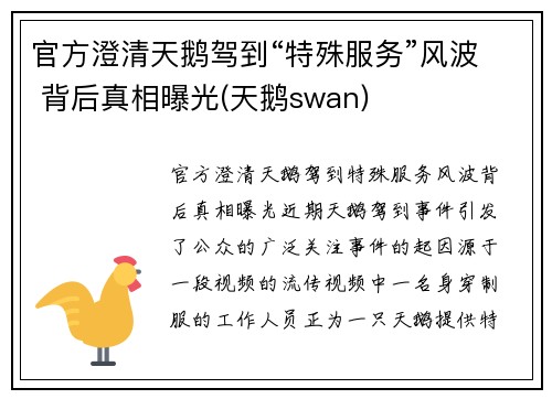 官方澄清天鹅驾到“特殊服务”风波 背后真相曝光(天鹅swan)