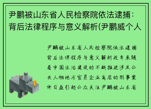 尹鹏被山东省人民检察院依法逮捕：背后法律程序与意义解析(尹鹏威个人简历)