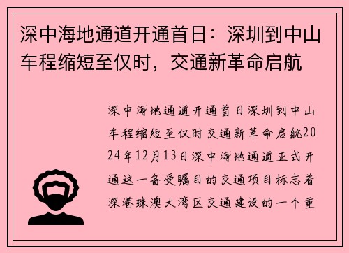 深中海地通道开通首日：深圳到中山车程缩短至仅时，交通新革命启航