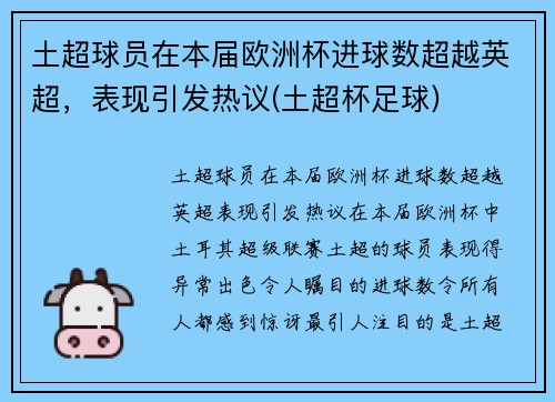 土超球员在本届欧洲杯进球数超越英超，表现引发热议(土超杯足球)